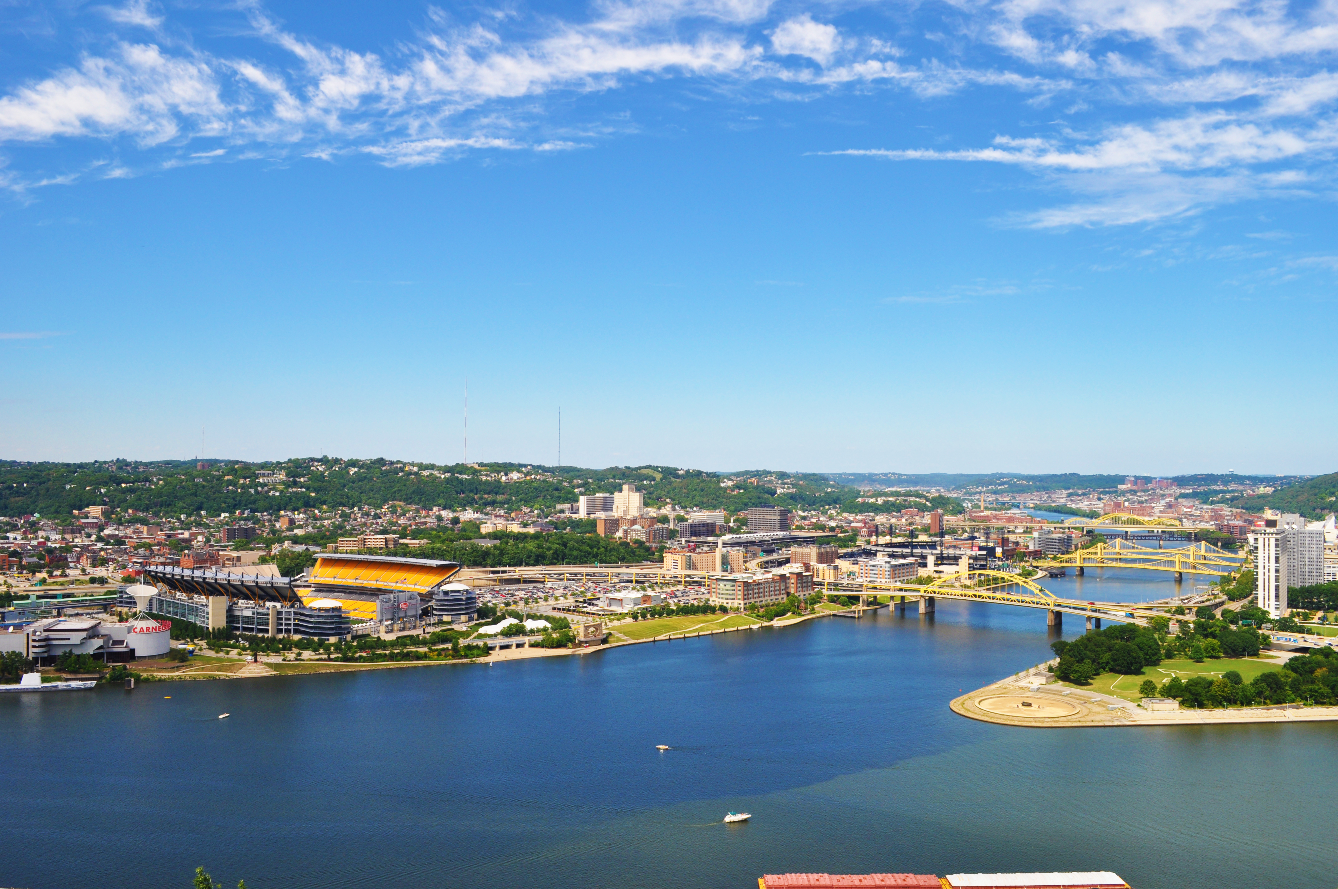 Pittsburgh's three rivers under sunny skies.