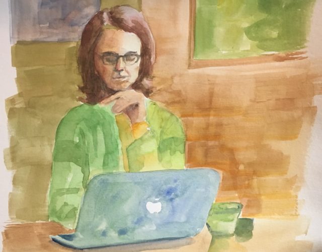 Water color painting of woman looking at a laptop