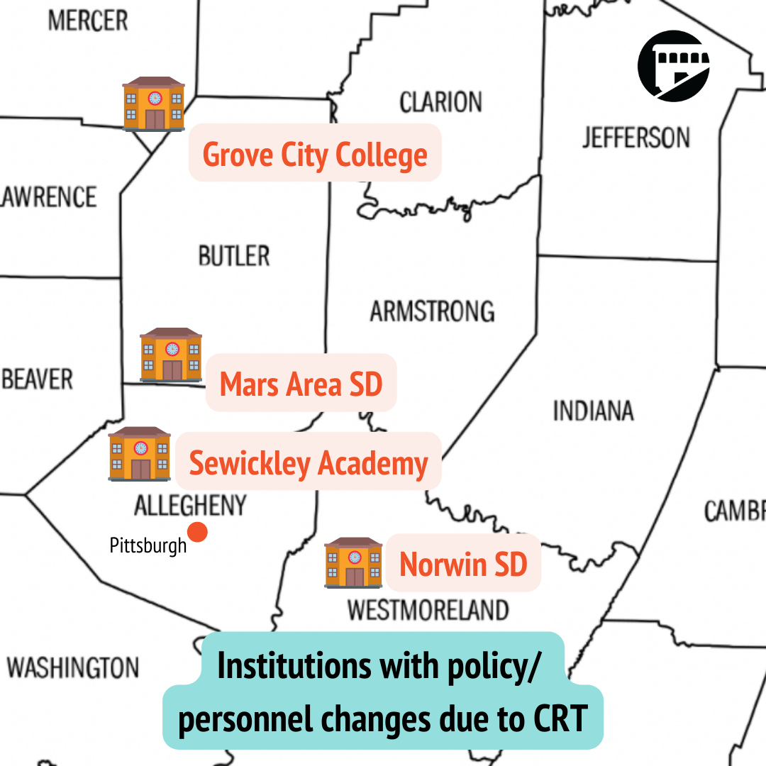 A map showing locations of disticts making changes due to CRT.