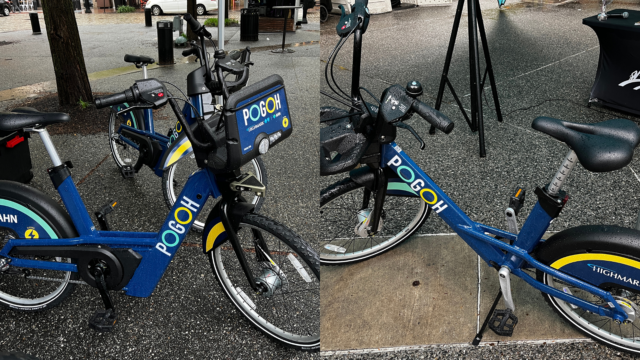 Side-by-side photos of POGOH's new e-bike and mechanical bike.